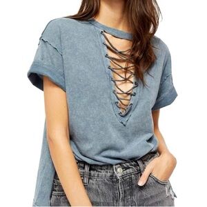 We The Free Azalea Acid Blue Tee Shirt Women’s Medium Lace Up Deep Vee Detail